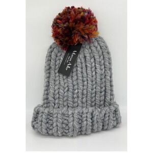 Marcus Adler New York Gray Chunky Knit Beanie Hat Multi-Color Pom Pom NWT